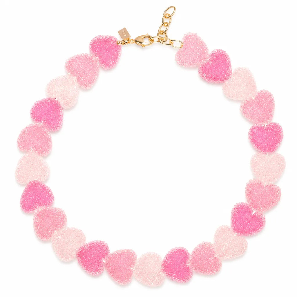 Three-Tone Pink resin heart necklace with layered pink charms
