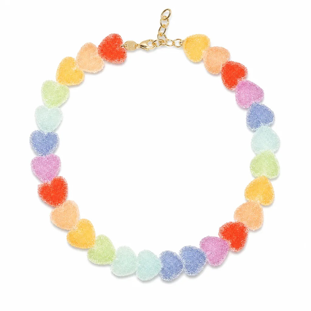 Rainbow resin heart charm necklace with multicolor glossy hearts