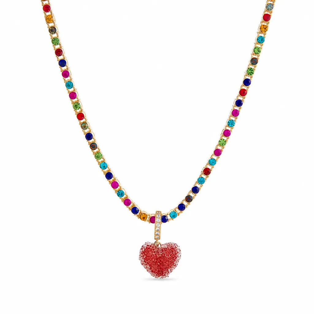 Multicolor cubic zirconia necklace with a red resin heart pendant