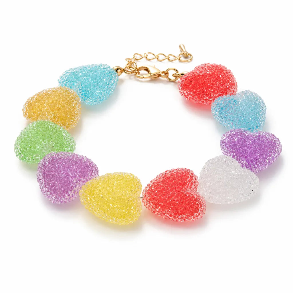 Rainbow resin heart charm bracelet with colorful glossy hearts