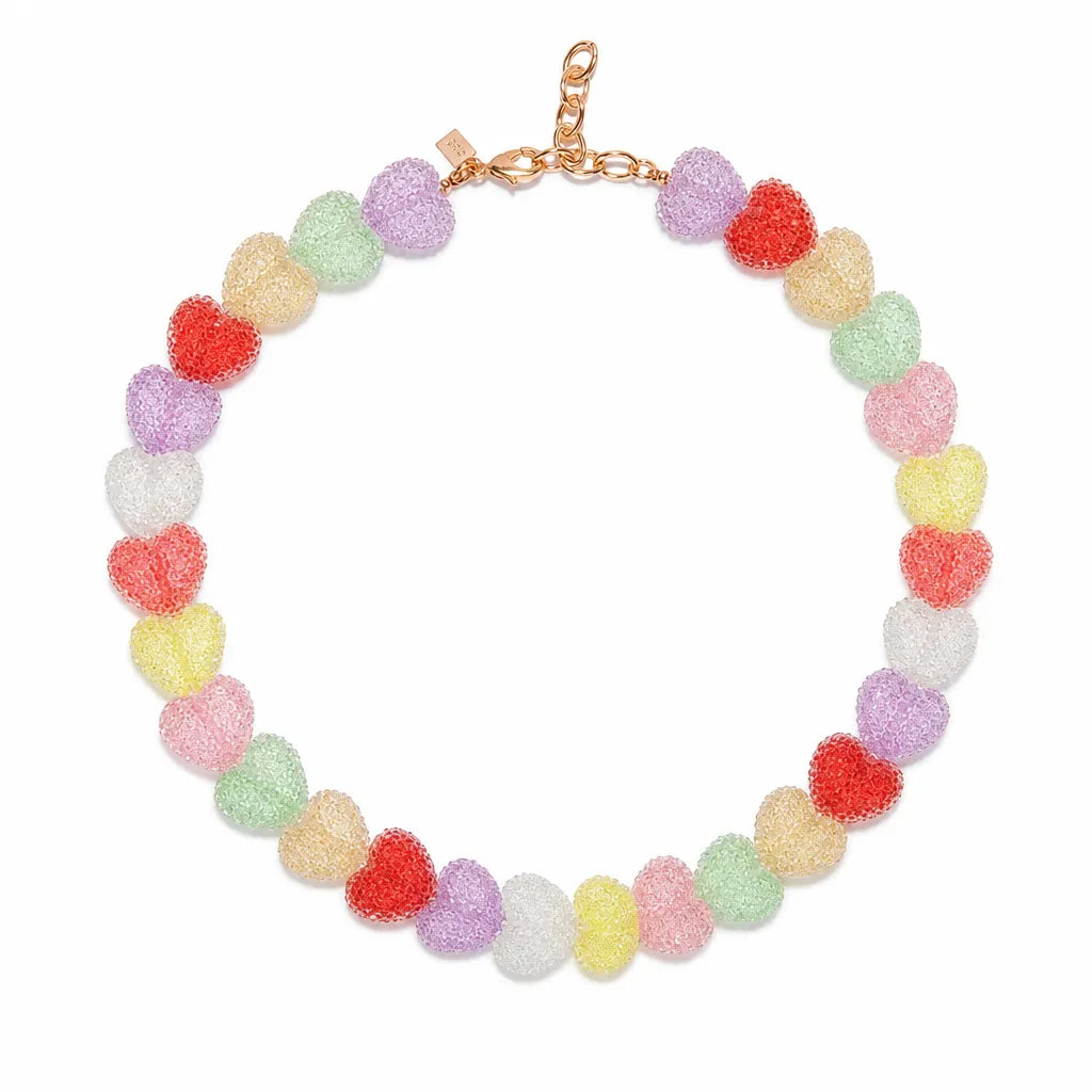 Colorful multicolor resin heart necklace in red, purple, yellow, green and pink